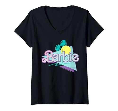 Damen Barbie 90er Jahre Barbie-Logo T-Shirt mit V-Ausschnitt von Barbie