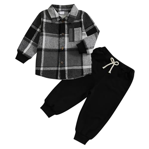 2PCS Babykleidung Outfit Set Baby Jungen Langarm Kariert Hemd + Hose Zweiteilige Neugeborenen Bekleidungssets Kleikind Anzug Flanell Top Festlich Weich Babyset (Schwarz, 0-6 Monate) von Barbotimer