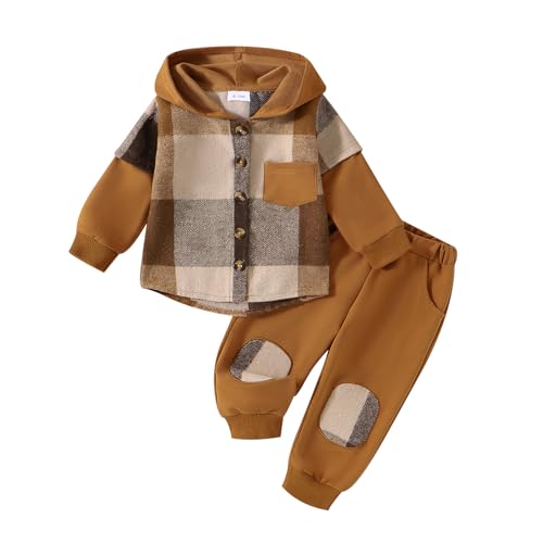 2PCS Kleidung Outfit Baby Jungen Mädchen Langarm Plaid Hoodies Hemd + Hosen 2 Stücke Set Kleinkind Sweatshirt Jacke mit Kapuze Pullover Trainingsanzug Winter Herbst Babyset (Kaffee, 3–4 Jahre) von Barbotimer