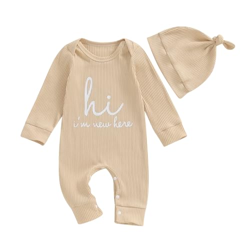 2PCS Neugeborenes Baby Jungen Mädchen Kleidung Langarm Strampler+Hut Babykleidung Set I’m New Here Overall Outfits Einteilige Spieler und Mütze Unisex Baby Playsuit (Aprikose, 0-3 Monate) von Barbotimer