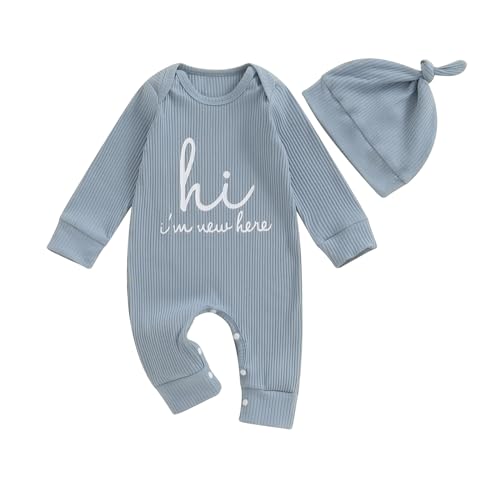 2PCS Neugeborenes Baby Jungen Mädchen Kleidung Langarm Strampler+Hut Babykleidung Set I’m New Here Overall Outfits Einteilige Spieler und Mütze Unisex Baby Playsuit (Blau, 0-3 Monate) von Barbotimer