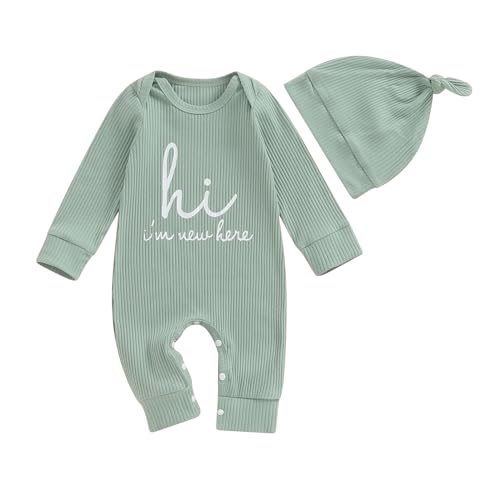 2PCS Neugeborenes Baby Jungen Mädchen Kleidung Langarm Strampler+Hut Babykleidung Set I’m New Here Overall Outfits Einteilige Spieler und Mütze Unisex Baby Playsuit (Grün, 0-3 Monate) von Barbotimer