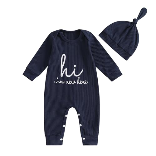 2PCS Neugeborenes Baby Jungen Mädchen Kleidung Langarm Strampler+Hut Babykleidung Set I’m New Here Overall Outfits Einteilige Spieler und Mütze Unisex Baby Playsuit (Mehrfarbig, 0-3 Monate) von Barbotimer