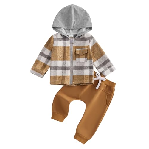 Baby Jungen Kleidung Outfit Babykleidung Set Langarm Kapuzenpullover Top und Hose Neugeborene Babyset Zweiteiler mit Karomuster (Braun, 6-12 Months) von Barbotimer