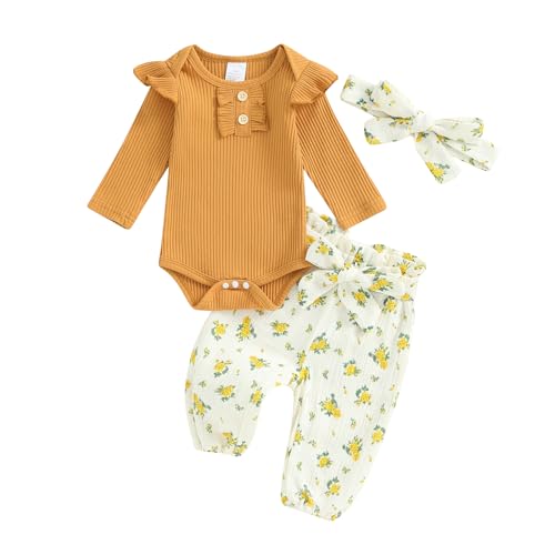 Babykleidung Outfit Neugeborene Mädchen Langarm Body Rüschen Strampler Lange Hose Daisy Blumen Stirnband/Mütze 3 Pcs Baby Mädchen Kleidung (Gelb, 0-3 Monate) von Barbotimer