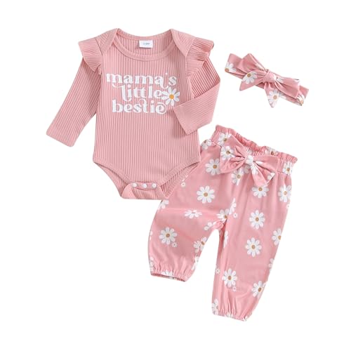 Babykleidung Outfit Neugeborene Mädchen Langarm Body Rüschen Strampler Lange Hose Daisy Blumen Stirnband/Mütze 3 Pcs Baby Mädchen Kleidung (mama's little bestie, 3-6 Monate) von Barbotimer