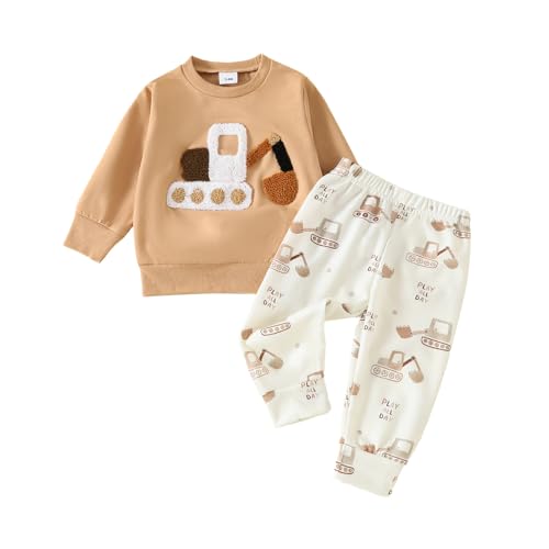 Babykleidung Set Baby Jungen Langarm Oberteile Hosen 2pcs Kleidung Sets Rundhals Sweatshirts Neugeborenen Set Outfit Auto Top+Hose Weiche Babyset Zweiteiler Set Jogginganzug (Khaki, 6-12 Monate) von Barbotimer
