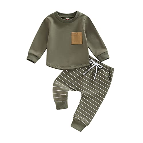 Babykleidung Set Baby Jungen Langarmshirt+Hosen Bekleidungssets Kleinkinder Rundhals Sweatshirt und Hosen mit Taschen Weiche Outfit Set Zweiteiler Patchwork Winter Babyset (Armeegrün, 6-12 Months) von Barbotimer