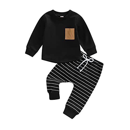 Babykleidung Set Baby Jungen Langarmshirt+Hosen Bekleidungssets Kleinkinder Rundhals Sweatshirt und Hosen mit Taschen Weiche Outfit Set Zweiteiler Patchwork Winter Babyset (Schwarz, 2-3 Jahre) von Barbotimer
