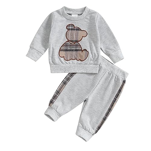 Babykleidung Set Baby Jungen Mädchen Bär Langarmshirt+Hosen Zweiteiler Set Bärchen Neugeborene Outfit Langarm Rundhals Sweatshirt Babyset Kleinkinder Bekleidungssets (02Grau, 0-3 Monate) von Barbotimer