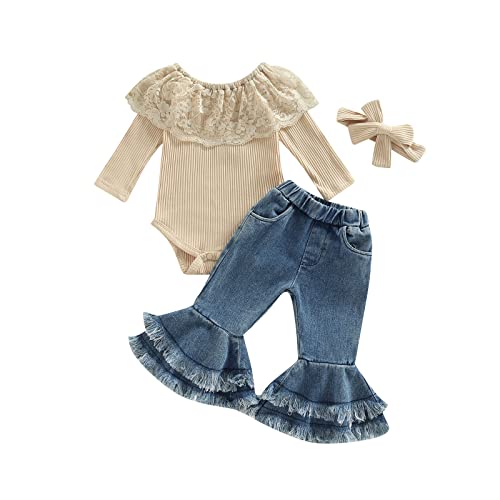 Babykleidung Set Baby Mädchen Spitze Langarm Rippen Body Rüschen Denim Jeans Schlaghose Schleifen Stirnband 3-teiliges Neugeborenes Mädchen Strampler Outfit Set (Beige, 0-6 Monate) von Barbotimer