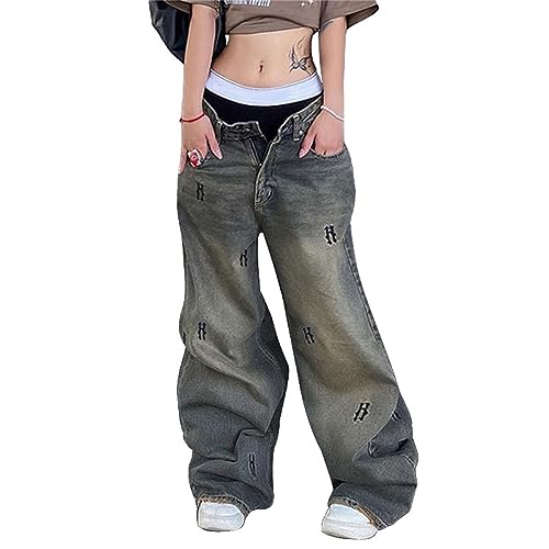 Baggy Jeans Damen Y2K High Waist Denim Jeans Vintage Print Wide Leg Jeanshose Herzmuster Pants Grunge Boyfriend Straight Jeans Downtown Girl Streetwear Gothic Cargo Jeans (01Blau, M) von Barbotimer