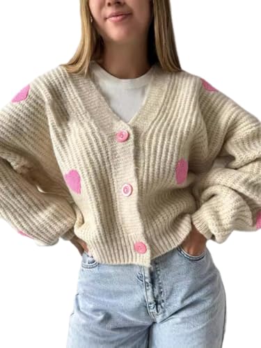 Barbotimer Cardigan Damen Langarm V-Ausschnitt Strickjacke mit Liebe Herzdruck Knitwear Strickweste Warme Sweater Pullover Knopfleiste Casual Party Club Valentinstag Streetwear Leicht (Aprikose, S) von Barbotimer