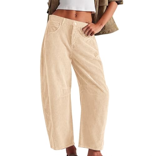 Barbotimer Cordhose Damen Gerades Bein Barrel Leg Arbeitshosen Weites Bein Mittelhoher Freizeithosen Elegant Hosen mit Taschen Mid-Rise Elastische Taille Baggy Stoffhose (Creamy Weiß, S) von Barbotimer
