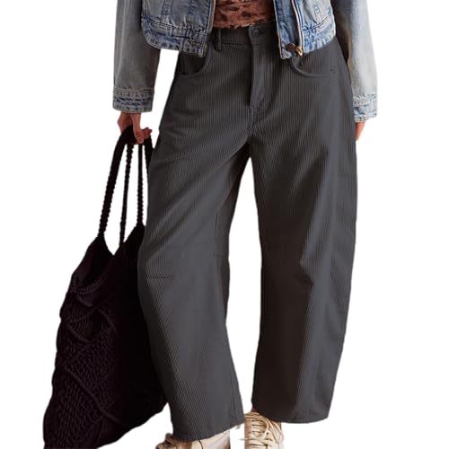 Cordhose Damen Gerades Bein Barrel Leg Arbeitshosen Weites Bein Mittelhoher Freizeithosen Elegant Hosen mit Taschen Mid-Rise Elastische Taille Baggy Stoffhose (Dunkelgrau, L) von Barbotimer