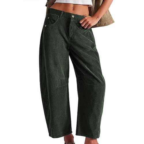 Cordhose Damen Gerades Bein Barrel Leg Arbeitshosen Weites Bein Mittelhoher Freizeithosen Elegant Hosen mit Taschen Mid-Rise Elastische Taille Baggy Stoffhose (Dunkelgrün, M) von Barbotimer