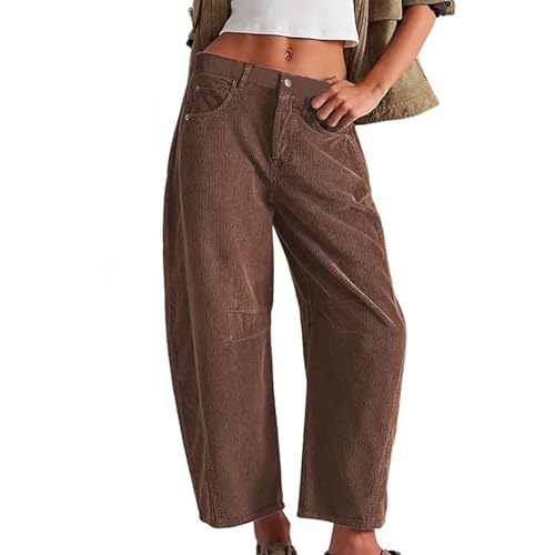 Cordhose Damen Gerades Bein Barrel Leg Arbeitshosen Weites Bein Mittelhoher Freizeithosen Elegant Hosen mit Taschen Mid-Rise Elastische Taille Baggy Stoffhose (Khaki, M) von Barbotimer