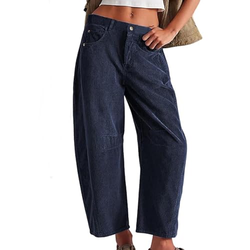 Cordhose Damen Gerades Bein Barrel Leg Arbeitshosen Weites Bein Mittelhoher Freizeithosen Elegant Hosen mit Taschen Mid-Rise Elastische Taille Baggy Stoffhose (Navy, XL) von Barbotimer