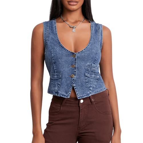 Barbotimer Damen Jeansweste Sommer Ärmellos Y2k Denim-Weste mit Knopfleiste V-Ausschnitt Damen Weste Tank Top Jeansjacke Elegant (Blue, S) von Barbotimer