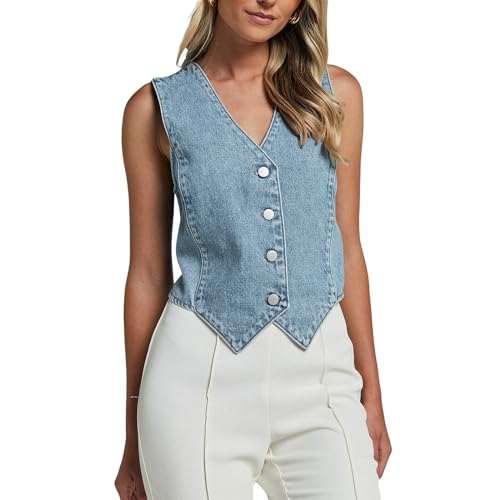 Barbotimer Damen Jeansweste Sommer Ärmellos Y2k Denim-Weste mit Knopfleiste V-Ausschnitt Damen Weste Tank Top Jeansjacke Elegant (C-Blau, M) von Barbotimer