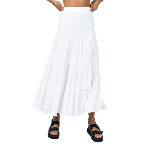 Barbotimer Damen Lang Boho Rock Spitzensaum Maxi Skirt Elastischer Bund Sommerrock Faltenrock Elegant Maxirock mit Kordelzug A-Line Freizeitrock Mittelalter Rock Strandkleid (Weiß, S) von Barbotimer