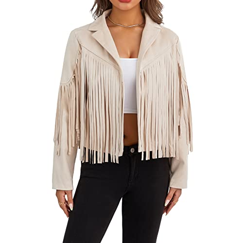 Barbotimer Fransenweste Damen Faux Wildleder Ärmellose Kurzweste mit Quasten Retro Hippie Cowgirl Kostüm 70er für Karneval Festival Streetwear Western Outfit Fransenjacke (Aprikose, M) von Barbotimer