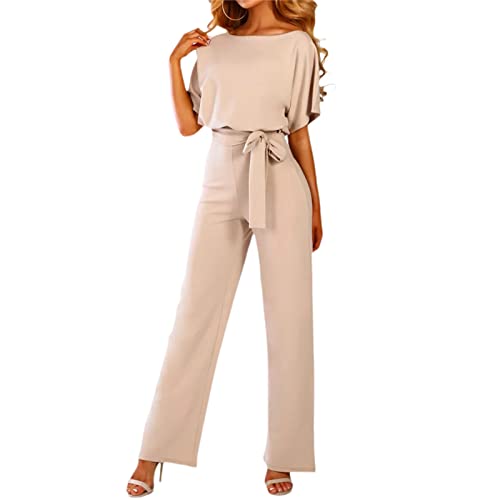 Barbotimer Jumpsuit Damen Elegant Kurzarm Overall Weites Bein Hosenanzug Sommer Festlich Playsuit Mit Gürtel Lang Romper Einteiler (Aprikose, M) von Barbotimer