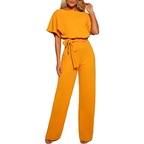 Barbotimer Jumpsuit Damen Elegant Kurzarm Overall Weites Bein Hosenanzug Sommer Festlich Playsuit Mit Gürtel Lang Romper Einteiler (Gelb, M) von Barbotimer