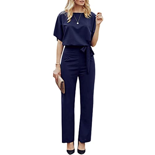 Barbotimer Jumpsuit Damen Elegant Kurzarm Overall Weites Bein Hosenanzug Sommer Festlich Playsuit Mit Gürtel Lang Romper Einteiler (Marineblau, S) von Barbotimer