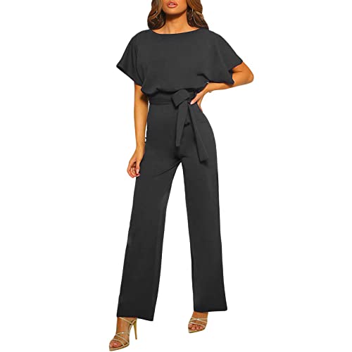Barbotimer Jumpsuit Damen Elegant Kurzarm Overall Weites Bein Hosenanzug Sommer Festlich Playsuit Mit Gürtel Lang Romper Einteiler (Schwarz, S) von Barbotimer
