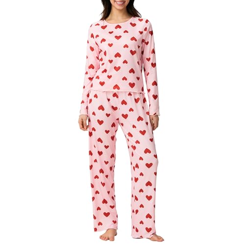 Barbotimer Schlafanzug Damen Lang Pyjama Set Langarm Rund Ausschnitt Oberteile+Pyjama Hosen Zweiteiler Schlafanzüge Baumwolle Nachtwäsche Winter Hausanzug Herz Lounge Set Sleepwear (02Pink, S) von Barbotimer