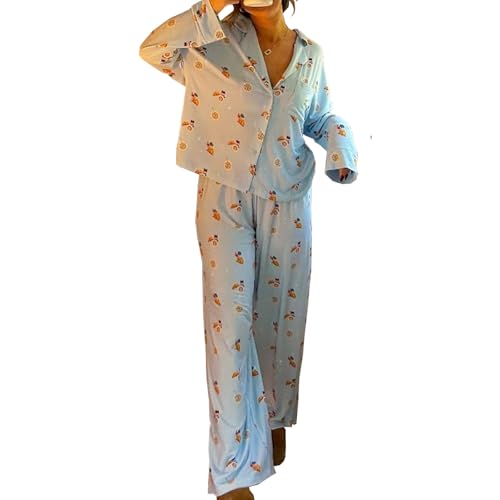 Barbotimer Schlafanzug Damen Lang Pyjama Set mit Knopfleiste Langarm Hemd und Lange Hose Zweiteiliger Nachtwäsche Weich Hausanzug Langarm Tops und Pyjamahose Sleepwear PJs (02-Blau, L) von Barbotimer