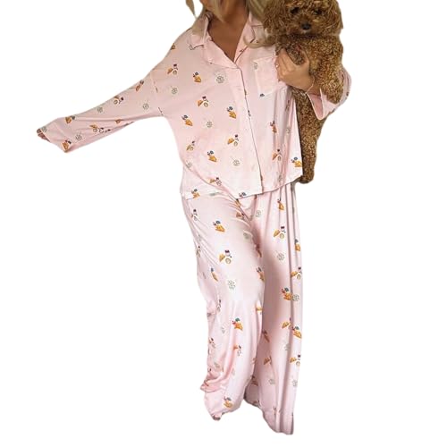 Barbotimer Schlafanzug Damen Lang Pyjama Set mit Knopfleiste Langarm Hemd und Lange Hose Zweiteiliger Nachtwäsche Weich Hausanzug Langarm Tops und Pyjamahose Sleepwear PJs (02-Pink, S) von Barbotimer