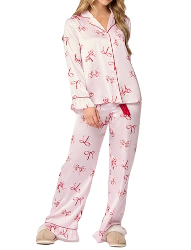 Barbotimer Schlafanzug Damen Lang Pyjama Set mit Knopfleiste Langarm Hemd und Lange Hose Zweiteiliger Nachtwäsche Weich Hausanzug Langarm Tops und Pyjamahose Sleepwear PJs (12-Pink, S) von Barbotimer
