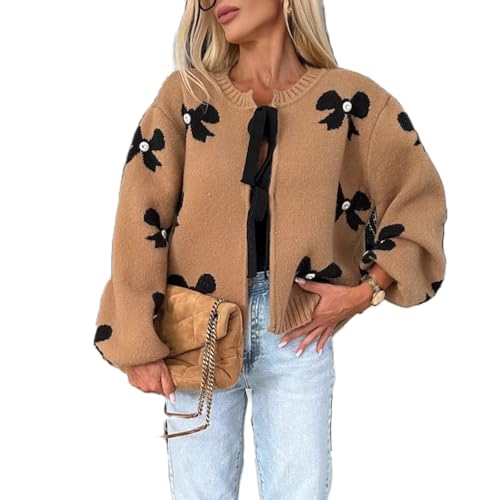 Barbotimer Strickjacke Damen Pullover mit Schleifen Muster Fliege vorne Langarm Gestricktes Oberteile Schleife Sweater Cadigan Strickwaren (Khaki, XL) von Barbotimer