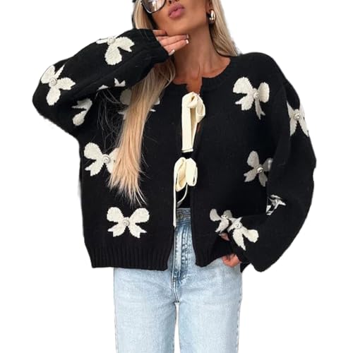 Barbotimer Strickjacke Damen Pullover mit Schleifen Muster Fliege vorne Langarm Gestricktes Oberteile Schleife Sweater Cadigan Strickwaren (Schwarz, M) von Barbotimer