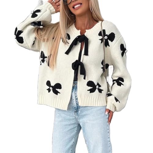 Barbotimer Strickjacke Damen Pullover mit Schleifen Muster Fliege vorne Langarm Gestricktes Oberteile Schleife Sweater Cadigan Strickwaren (Weiß, L) von Barbotimer