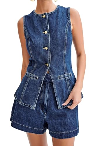 Barbotimer Zweiteiler Damen Sommer Denim Top und Kurze Hose Set Y2k Jeansweste Ärmellos Damen Weste Jeansjacke Denim Shorts Jeans Zweiteilig Outfits Elegant Lässig Business (Blau, XL) von Barbotimer