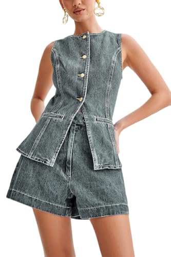 Barbotimer Zweiteiler Damen Sommer Denim Top und Kurze Hose Set Y2k Jeansweste Ärmellos Damen Weste Jeansjacke Denim Shorts Jeans Zweiteilig Outfits Elegant Lässig Business (Cyan, S) von Barbotimer