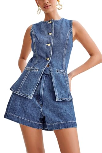 Barbotimer Zweiteiler Damen Sommer Denim Top und Kurze Hose Set Y2k Jeansweste Ärmellos Damen Weste Jeansjacke Denim Shorts Jeans Zweiteilig Outfits Elegant Lässig Business (Himmelblau, L) von Barbotimer