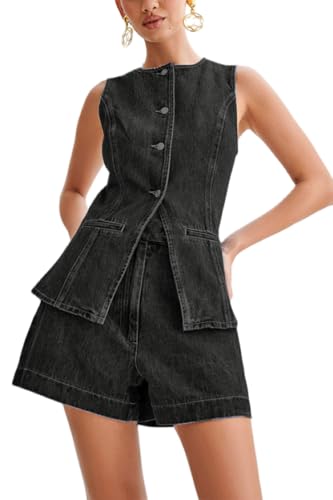 Barbotimer Zweiteiler Damen Sommer Denim Top und Kurze Hose Set Y2k Jeansweste Ärmellos Damen Weste Jeansjacke Denim Shorts Jeans Zweiteilig Outfits Elegant Lässig Business (Schwarz, M) von Barbotimer