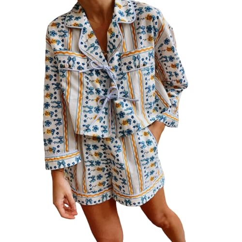 Barbotimer Zweiteiler Damen Sommer Langarm Top und Kurze Hose Set Y2k Bluse Hemd Blumendruck Gestreift Schnürung Schleife Vorne Zum Binden Outfits Elegant Streetwear (Blau, L) von Barbotimer