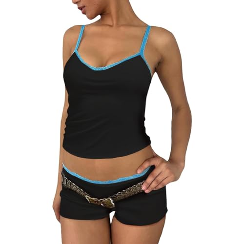 Barbotimer Zweiteiler Damen Sommer Y2k Top und Kurze Hose Set Pyjama Ärmellos Spaghettiträger Top Schleife Spitze Rückenfreies Oberteil Gestreift Leopard Blumendruck Outfits Slim Fit (Schwarz, S) von Barbotimer