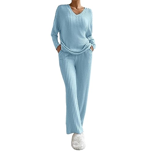 Barbotimer Zweiteiler Lounge Set Damen Strick Jogginganzug Langarm Strickpullover Top und Weite Hose Hausanzug V-Ausschnitt Rippenstrick Loungewear Freizeit Outfits Set (Blau, M) von Barbotimer