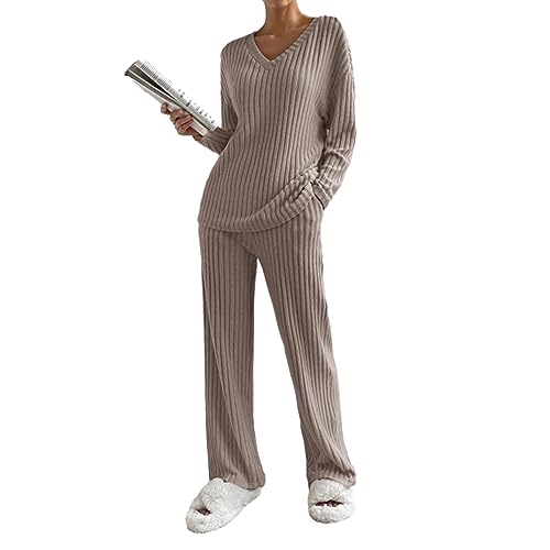 Barbotimer Zweiteiler Lounge Set Damen Strick Jogginganzug Langarm Strickpullover Top und Weite Hose Hausanzug V-Ausschnitt Rippenstrick Loungewear Freizeit Outfits Set (Dunkel Khaki, XL) von Barbotimer