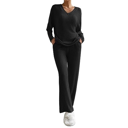 Barbotimer Zweiteiler Lounge Set Damen Strick Jogginganzug Langarm Strickpullover Top und Weite Hose Hausanzug V-Ausschnitt Rippenstrick Loungewear Freizeit Outfits Set (Schwarz, XL) von Barbotimer