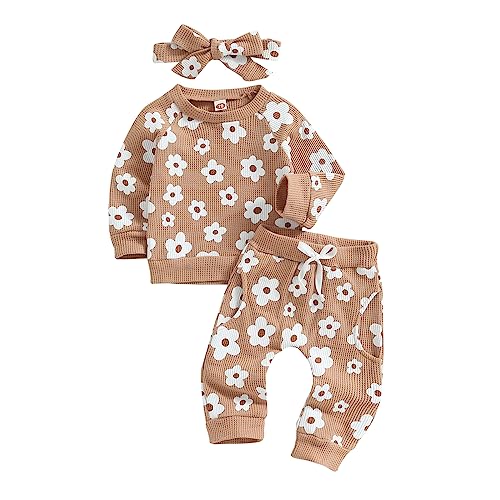 Bekleidungssets Baby Mädchen Blumenmuster Langarmshirt Waffelstrick Freizeithose Schleifen Stirnband 3tlg Outfit Neugeborene Set Kleinkind Rippen Sweatshirt Daisy Kleidung Set (Khaki, 0-6 Monate) von Barbotimer