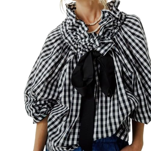 Bluse Damen Langarm Streifen Oberteile Rüschen Hemd Puffärmel Casual Langarmshirt Stehkragen Pullover Elegant Bowtie Tops Fliege Tunika OL Shirt Party Büro Arbeit Blusenshirt (Mehrfarbig, M) von Barbotimer
