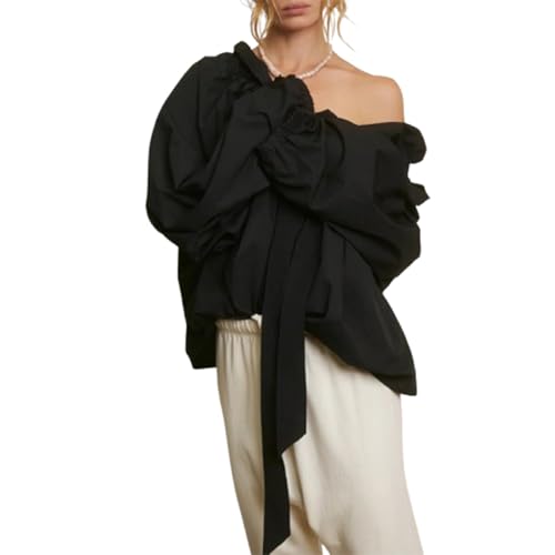 Bluse Damen Langarm Streifen Oberteile Rüschen Hemd Puffärmel Casual Langarmshirt Stehkragen Pullover Elegant Bowtie Tops Fliege Tunika OL Shirt Party Büro Arbeit Blusenshirt (Schwarz, XL) von Barbotimer