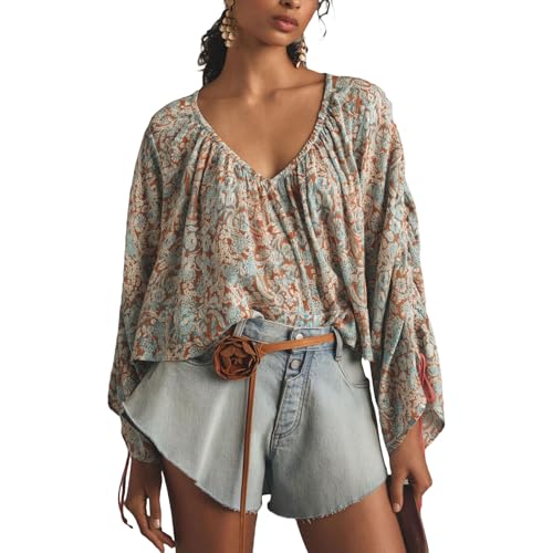 Bluse Damen Shirt Boho Langarm Blumendruck Lose Hemd Tunika Damen Sommer mit Kordelzug V-Ausschnitt Frühling Herbst Elegant Casual Basic Lässig Leicht (Blau, S) von Barbotimer